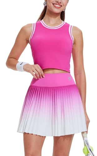 Women Pleated Tennis Skirt Set - Golf & Pickleball Athletic Outfit with Built-in Shorts, Hot Pink, Medium