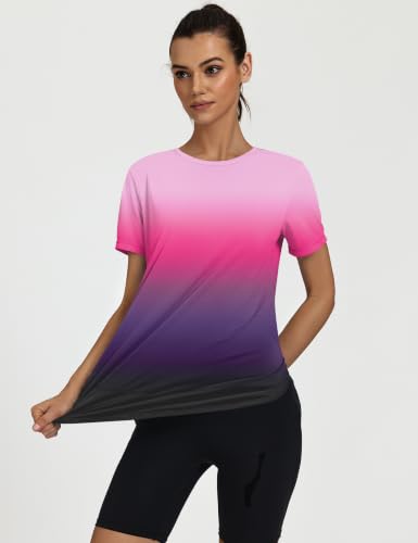 Women’s Workout Tops Short Sleeve Sun Protection Shirt Large Purple Black Gradient