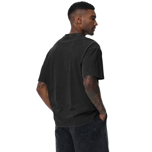 Men's Oversized Cotton T-Shirt - Loose Fit Vintage Washed Casual Top - Large Beige+Coffe+Black
