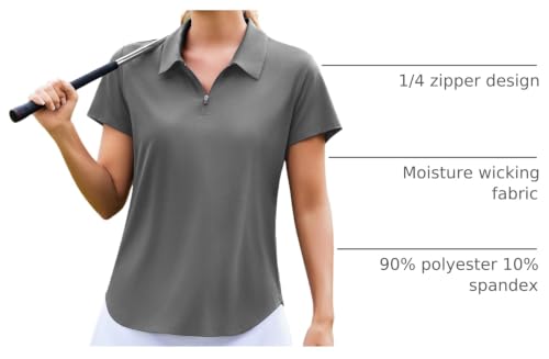 PINSPARK Women's Golf Polo Shirt Short Sleeve UPF 50+ 1/4 Zip Collar XL Dark Grey