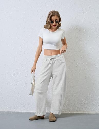 Women's Wide Leg Pants with Pockets - Elastic Waist Casual Sweatpants - Medium White
