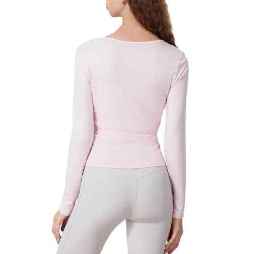 Women Wrap Top Long Sleeve Deep V Neck Cross Tie Workout Ballet Pilates Yoga Shirt