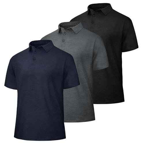 3 Pack Polo Shirts for Men - Quick Dry Moisture Wicking Performance Golf Shirts Black Short Sleeve for Work Athletic