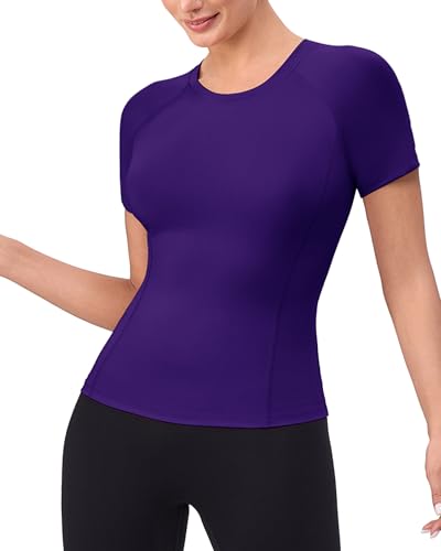 Women's Compression Shirt Short Sleeve Workout Top - Purple, Large - Athletic Baselayer for Running Yoga Gym