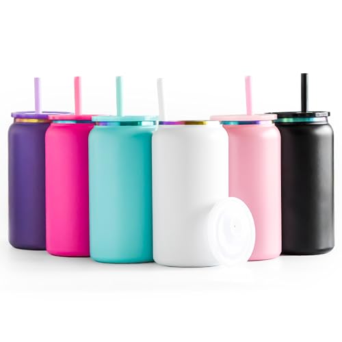 Matte Color Stainless Steel Cups with Lids and Straws - 16 oz, Set of 6
