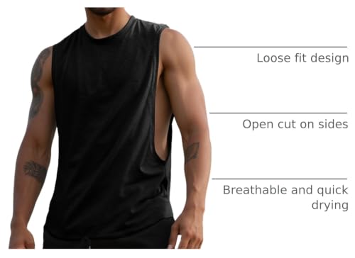 Men's Sleeveless Workout Tank Top - Muscle Fit, Quick Dry, Open Cut, Large Black