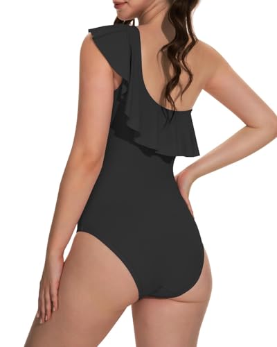 Beautikini Menstrual One Shoulder Ruffle One-Piece Swimsuit - XX-Small Black