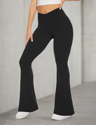 Black Flare Leggings for Women - Crossover Yoga Pants with Pockets - Small, V Rise-Two Pocket