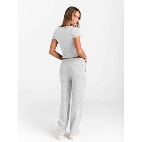 Trendy Queen 2 Piece Matching Summer Sweatsuit Lounge Set Womens Wide Leg Pants Side Ruching Crop Top Sets