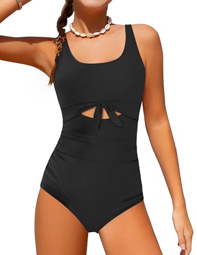 Girls' Swimsuit One-Piece Cutout Ruching Bathing Suit - Black, 15-16 Years