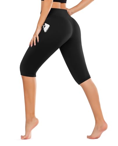 High Waisted Leggings for Women - Full & Knee Length with Pockets, Large-X-Large Black