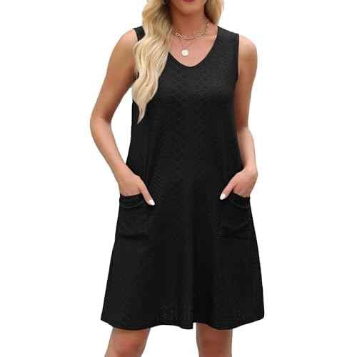 Swimsuit Coverup Summer Dresses for Women Eyelet Casual Loose Sleeveless Sundress with Pockets