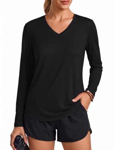 PINSPARK Long Sleeve Workout Top for Women V-Neck UPF 50+ Running Shirt Large Black