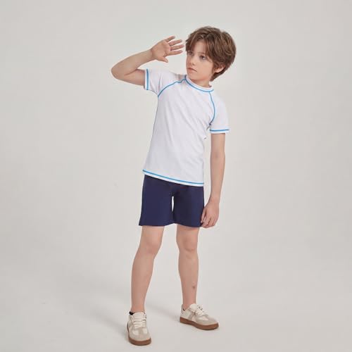 Kids UPF 50+ Short Sleeve Neon Swim Shirt - White, Age 9-10 Years - Boys Girls Rash Guard