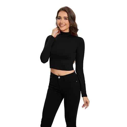 MadHeart Womens Long Sleeve Crop Tops Slim Fit Cropped Mock Neck Base Layer Shirts