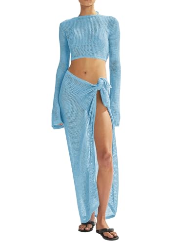 Aqua Blue Women's Beach Swimsuit Cover Up Set Crochet Bikini Bathing Suit Medium