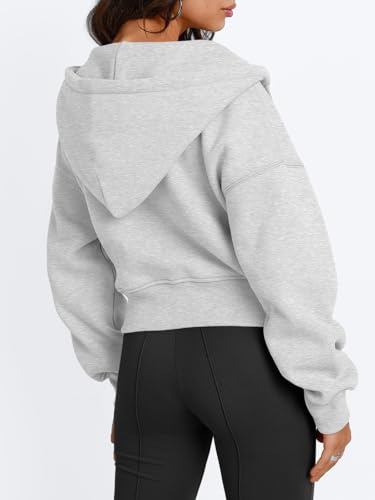 Trendy Queen Women's Zip Up Cropped Hoodie Grey Medium Drop Shoulder Casual Sweatshirt