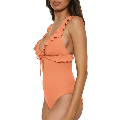 Lucky Brand Women's Sea of Love Ruffle One Piece Swimsuit, Plunge Neck, Bathing Suits