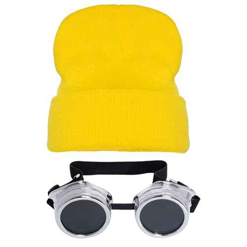 Vintage Steampunk Goggles Glasses with Yellow Beanie Hat, Halloween Costume Accessories for Adult, Halloween Cosplay Party Set