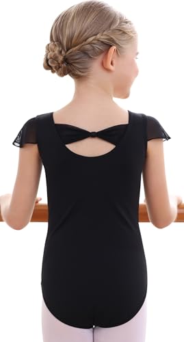 Girls Ballet Leotard for Toddler Kids - Black, 6-8 Years, Bow Back Ruffle Sleeve