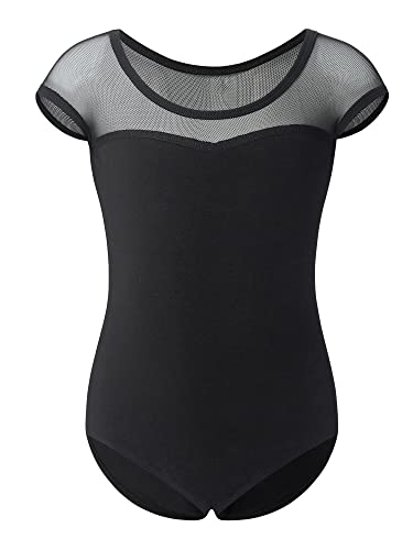 Girls Ballet Leotard with Cotton Mesh Cap Sleeve for Dance Class - 6-7 Years, Black