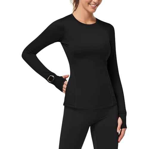 Loovoo Thermal Shirts for Women Long Sleeve Workout Tops Crewneck Fleece Base Layer Running Athletic Tee with Zipper Pocket