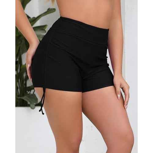 Halcurt Women's High Waisted Swim Board Shorts Tummy Control Side Tie Adjustable Tankini Swimsuit Bottoms