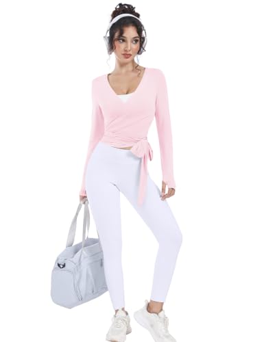 Women’s Ballet Wrap Top Long Sleeve Dance Shirt with Thumbholes - Small Pink