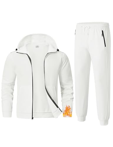Men's Fleece Lined Hooded Tracksuit Set - Small White Winter Thermal Jogging Sweats