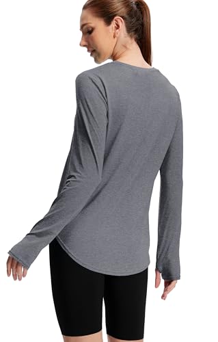 NIASHOT Women's Long Sleeve Workout Top with Thumb Holes - Grey, Large, UPF 50+ Sun Protection