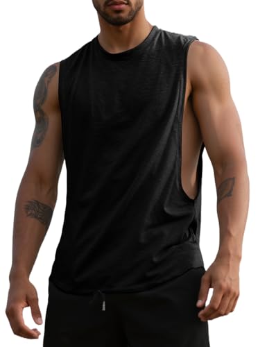 Men's Sleeveless Workout Tank Top - Muscle Fit, Quick Dry, Open Cut, Large Black