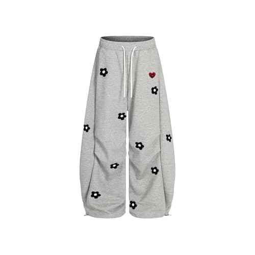 Aelfric Eden Baggy Wide Leg Sweatpants Flower Embroidery Casual Y2K Elastic Drawstring Lantern Barrel Lounge Trouser Pants