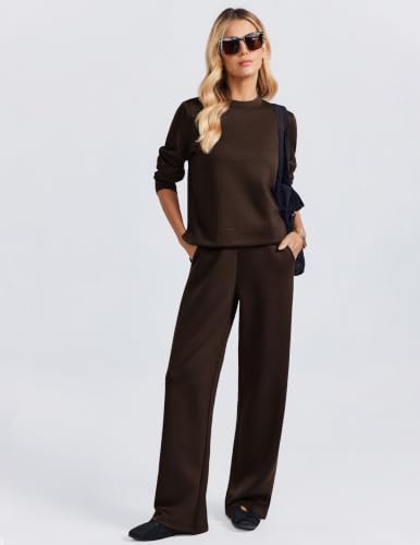 PINSPARK 2 Piece Women's Wide Leg Pants and Mock Neck Sweatsuit Set - Petite / Medium / Espresso Brown