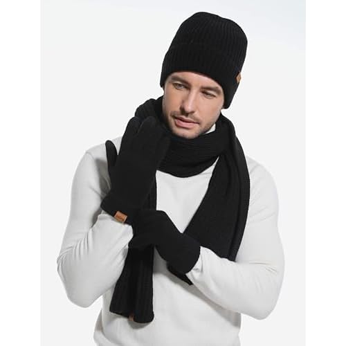 Mens Winter Beanie Hat Touchscreen Gloves Long Scarf 3 Set with Warm Fleece Lined Knit Cap Scarves for Men Women