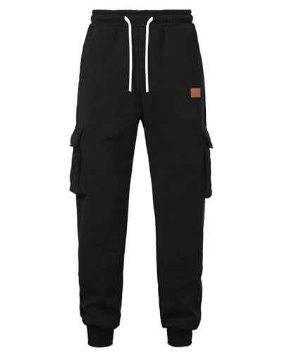 Men's Black Large Fleece Cargo Sweatpants - Cotton Tapered Joggers for Casual & Workout