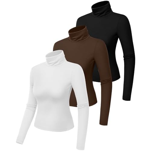 Riyiper 3 Pack Women's Mock Turtleneck Crop Tops, Long Sleeve Slim Fit Shirts Thermal Pullover Basic Layer Underwear Tops