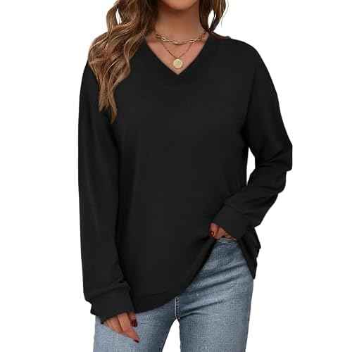 WIHOLL Sweatshirt for Women V Neck Sweaters Long Sleeve Shirts Fall Clothes Ribbed Collar 2025 Trendy Fashion