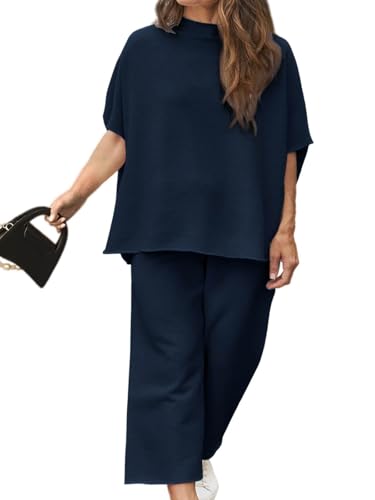 Women's Plus Size 2 Piece Lounge Set Navy 3X-Large Batwing Sleeve Top Wide Leg