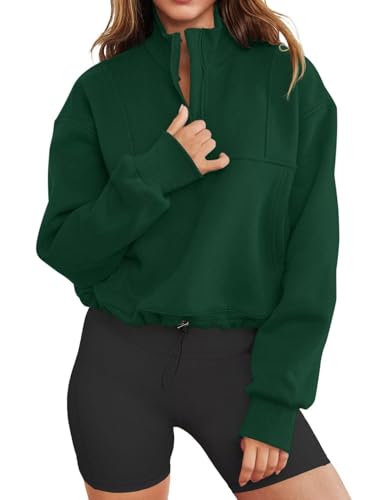 LEEDYA Womens Long Sleeve Half Zip Sweatshirt Oversized Fall Pullover - Medium Dark Green