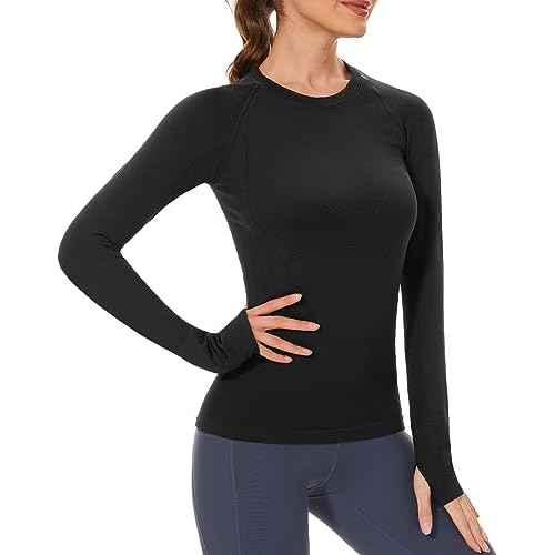 Stelle Womens Seamless Workout Top Yoga Athletic Shirt with Thumb Hole Breathable for Sports Running Slim Fit