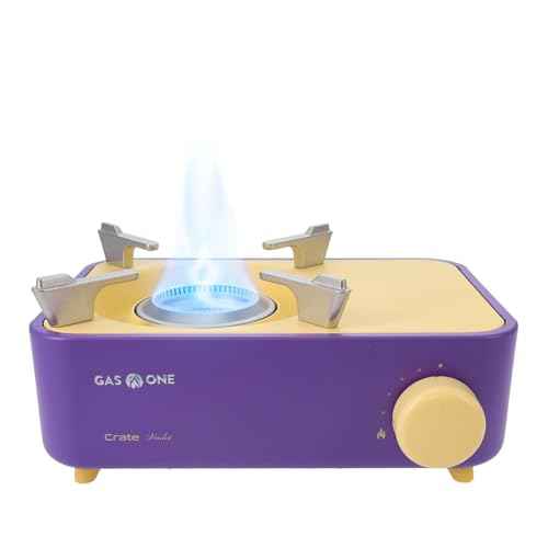 Gas One Butane Fuel Camp Stove ? Crate Series - Mini Stove for Camping, Hiking ? Portable Gas Stove with Spiral Flame ? Even Heat Distribution ? Modern and Easy to Use (Violet)