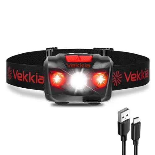 Vekkia LED Headlamp Rechargeable - 5 Lighting Modes,White & Red LEDs Head Lamp, Camping Accessories Gear. IPX4 Waterproof Headlight for Running,Cycling,Fishing,Hiking,Repairing. Type-C Included