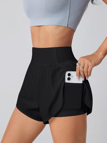 Women's High Waisted Athletic Running Shorts with Pockets - Black, Medium - Gym Yoga Beach Shorts
