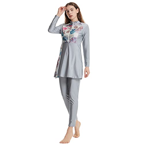 Modest Burkini Swimsuit for Women with Long Sleeve, Built-in Bra, Pants & Hijab - Medium Gray