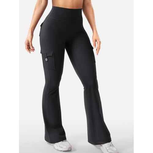 YEOREO CoreFlex Women Workout Flare Leggings with Pockets Hidden Scrunch High Waisted Cargo Gym Yoga No Front Seam Leggings