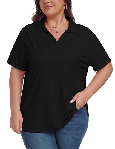 Plus Size Golf Polo Shirt for Women V-Neck Collared Short Sleeve Top - Black, XX-Large