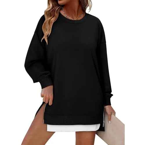 CHICZONE Crew Neck Oversized Sweatshirt Zipper Slit Long Sleeve Pullover for Women 2025 Trendy Fall Clothes