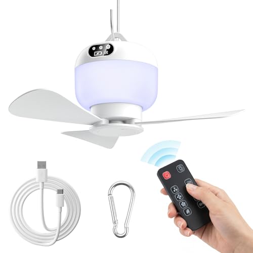 Camping Fan with Light Remote, Rechargeable Tent Fan with 4 Speeds