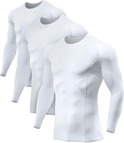 Men's UPF 50+ Long Sleeve Compression Shirt Water Sports Rash Guard 3 Pack Large White