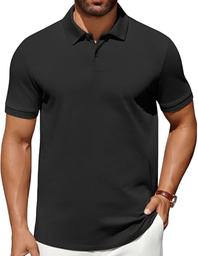 Men's Black Polo Shirt - 100% Cotton Heavyweight Short Sleeve Golf Top, Size Large